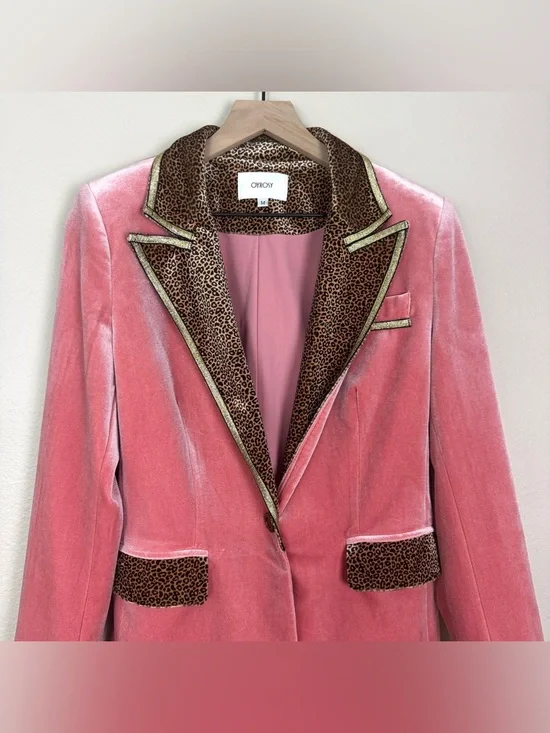 Oyrosy Pink & Leopard Print Velvet Blazer Jacket Gold Metallic Trim Size Medium - Picture 5 of 9